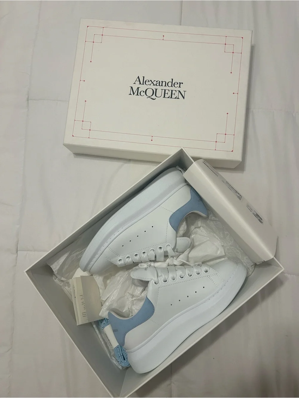 Alexander McQueen White Leather Sneakers with Light Blue Heel Tab
